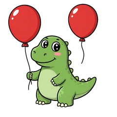 Cute Green Dinosaur Illustration With Red Balloons On Transparent Background