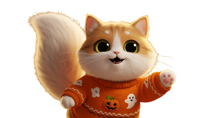 Cute Halloween Cat In Orange Sweater With Pumpkin and Ghosts Isolated Cartoon