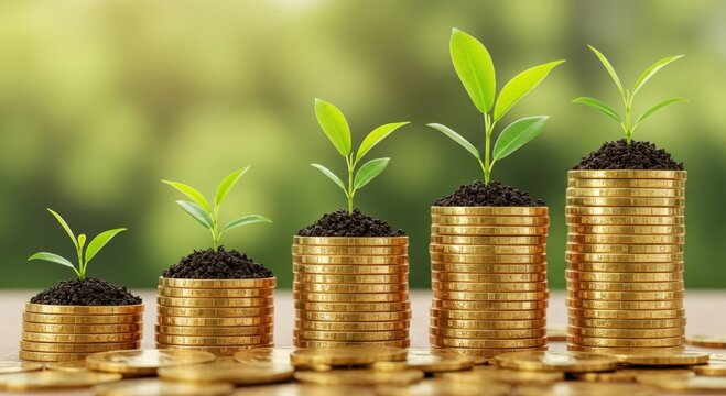 Green shoots sprout from stacks of gold coins symbolizing financial growth and investment success - Powered by Adobe