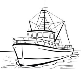 Fishing boat illustration, commercial sea vessel drawing, detailed fishing trawler sketch, maritime artwork, nautical transport line art vector