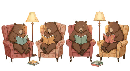 Cute Illustration Of Bears Reading Books On Cozy Armchairs With Lamps