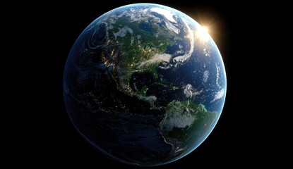 Earth globe, sunrise over Americas