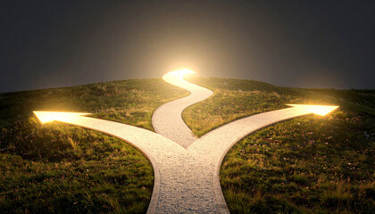 A branching path illuminated at the fork, with two distinct, symbolic destinations
