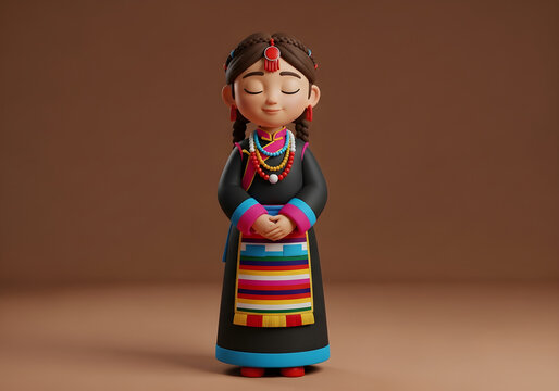 Calm Cartoon Girl Wearing Traditional Tibetan Chuba Dress with Striped Apron