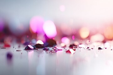 Abstract, colorful confetti scattered on a light surface with bokeh effects
