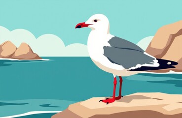 Obraz premium Seagull standing on rocks near water with a cloudy sky background