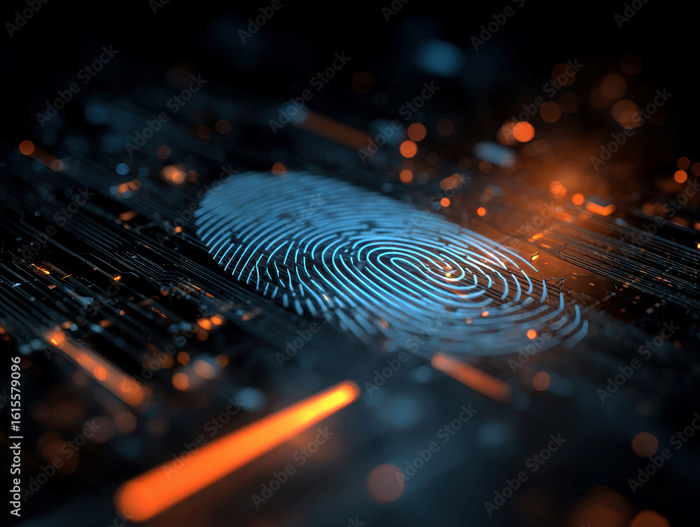 Poster close-up digital illustration of a sharp, contrasting fingerprint on a futuristic high-tech interfac