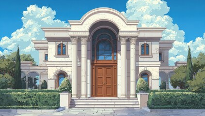 Fototapeta premium Grand, light-beige mansion with columns and archways
