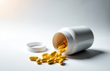 A white pill bottle lying on its side with yellow capsules spilling onto a plain surface