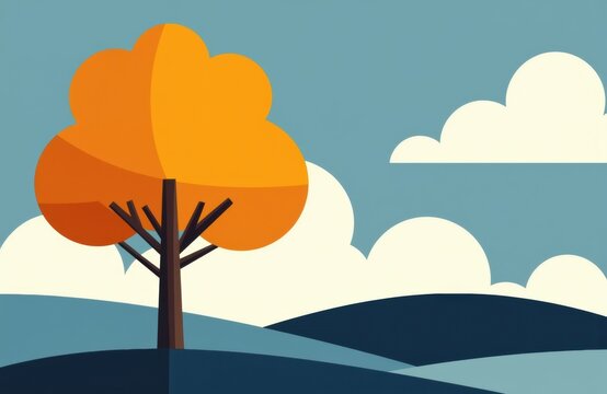 Autumn tree with orange foliage standing in a landscape with rolling hills and clouds