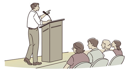 Man Giving Presentation at Podium to Attentive Audience Simple Line Art Illustration