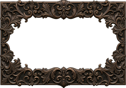 Detailed Bronze Frame Illustration With Floral Ornaments On Transparent Background