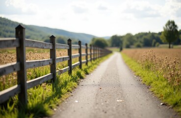 Fototapeta premium A rural dirt road stretches into the distance alongside a wooden fence and open fields