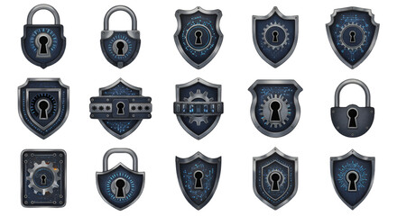 Digital Shield Security Icon Set Illustration On Transparent Background