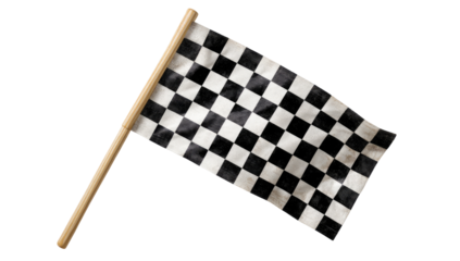 Checkered race flag, black and white squares, wooden pole