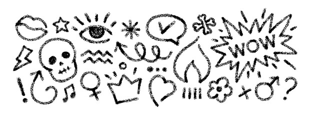 Crayon doodle icons of fire, heart, skull and speech bubble. Hand drawn chalk symbols. Black crayon icons of eye, music, flower, flame, check and cross marks, vector illustration