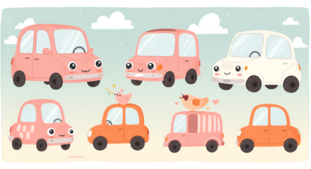 Cute Pixelated Cars Illustration with Birds on Transparent Background