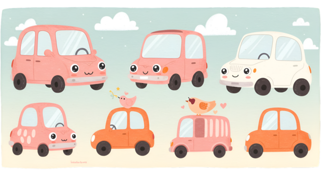 Cute Pixelated Cars Illustration with Birds on Transparent Background