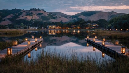 Fototapeta premium Tranquil lakefront at dusk, lit docks, serene landscape