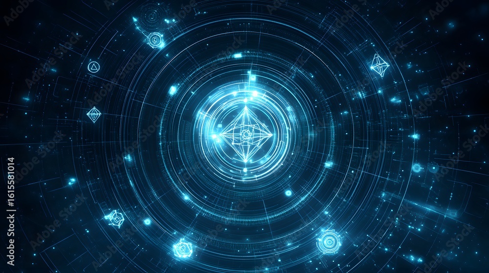 Aufkleber abstract design of concentric circles with glowing symbols.