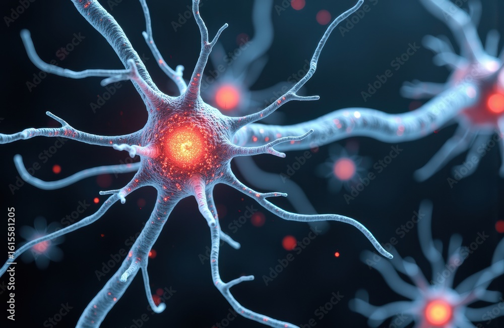 Aufkleber neuron with glowing synapses and branching dendrites in a scientific illustration style