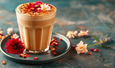 Elegant coffee drink with flower petals on plate close up studio shot