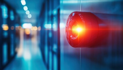 A red security alarm light glowing in a modern, blurred corridor, indicating an emergency or alert situation.