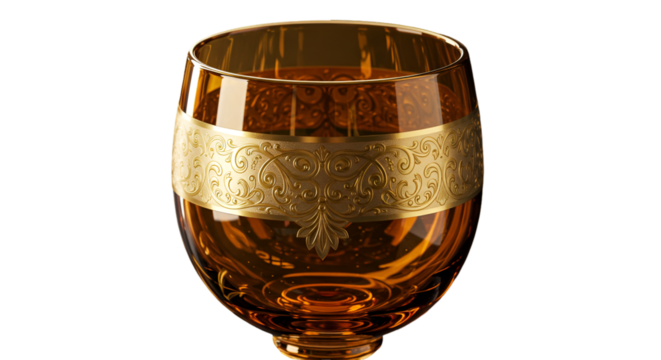 Detailed Photo Of A Transparent Wine Glass With Golden Ornament And Bronze Tone Isolated On Black Background