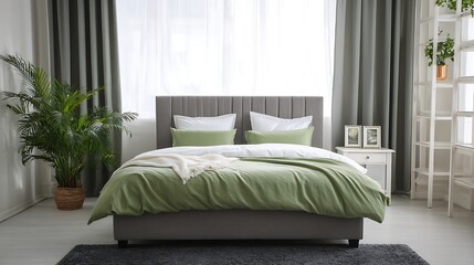 Calm bedroom setting with sage green bedding, soft light, potted plants and gray accents