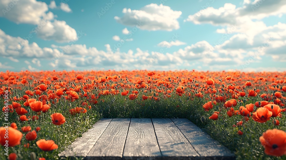 Poster serene poppy field with an empty podium in the foreground