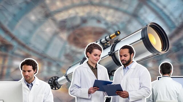 Astronomical observatory station with scientists busy astronomers. Concept of astronomy. Empty space for text. Smooth animation on color paper background