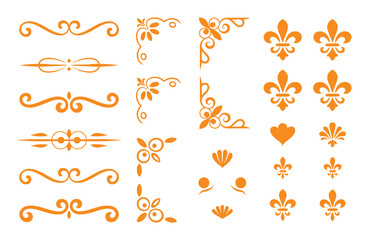 Decorative ornamental flourishes and fleur de lis symbols border divider