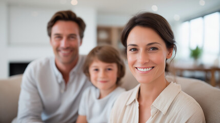 Photos of happy parents, mom and dad with a child against the background of a cozy living room.