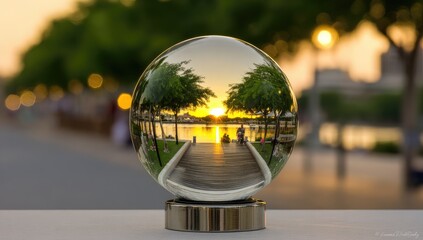 Crystal ball reflecting sunset park scene