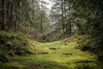 Obraz premium A peaceful moment in a Pacific Northwest forest reveals towering trees, dense ferns, and lush moss, creating a vibrant habitat teeming with life and tranquility
