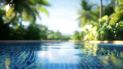 Clear blue swimming pool water reflecting palm trees and sky on a summer day
