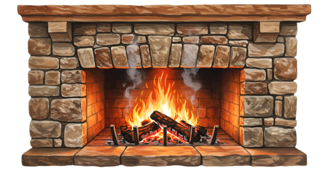 Detailed Fireplace Illustration With Fire Flames And Transparent Background - Powered by Adobe
