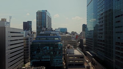 Tokyo from a bird's eye view. The drone flies over the business center of the city
