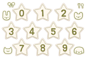 Cute Numbers and Animal Icons on Star-Shaped Labels , Vintage and Kawaii Style.  for children . transparent background . 