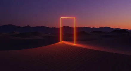 Foto auf Acrylglas Aubergine Glowing rectangular portal illuminates a desert landscape at dusk with dramatic sunset colors  © MdMashud