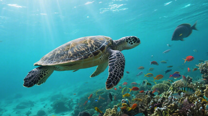 Majestic Sea Turtle Surrounds Coral Reef.