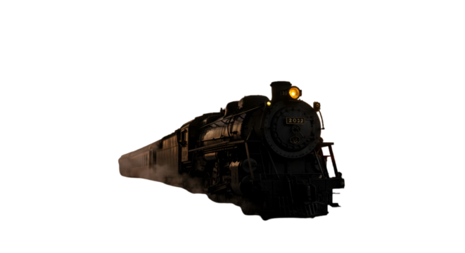 Dramatic Illustration Of A Vintage Black Steam Train Against Dark Night Sky