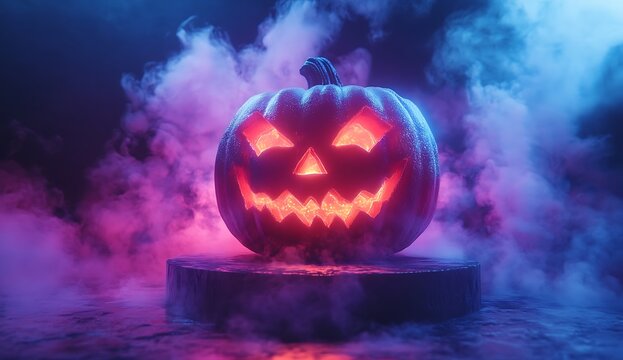 Glowing Jack O Lantern surrounded by purple and blue smoke on a dark background Halloween