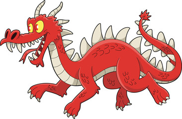 Cartoon red dragon vector illustration—playful mythical creature with spiked tail, white horns, and animated expression for kids content