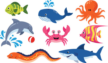 Cartoon sea animals vector set—whale, octopus, dolphin, crab, fish, shark, and eel illustrations for marine-themed kids’ content and clipart