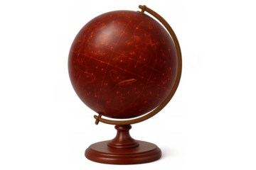 Red illuminated celestial globe showing constellations on a transparent background, perfect for educational or decorative purposes