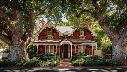 Quaint brick house nestled between large trees