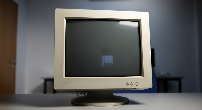 Vintage CRT Monitor on a Desk, a Symbol of Obsolete Technology and the Evolution of Computing Concepts, Reflecting Past Digital Eras.