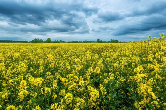 Flowering canola field beneath overcast skies Lovely rural scenery