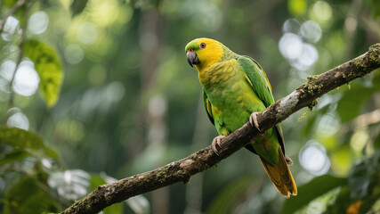 Naklejka premium Vibrant Rainbow Lorikeet Perched on a Branch in Lush Tropical Forest